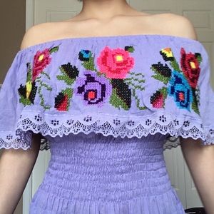 Off the shoulder Purple Embroidered flower Dress